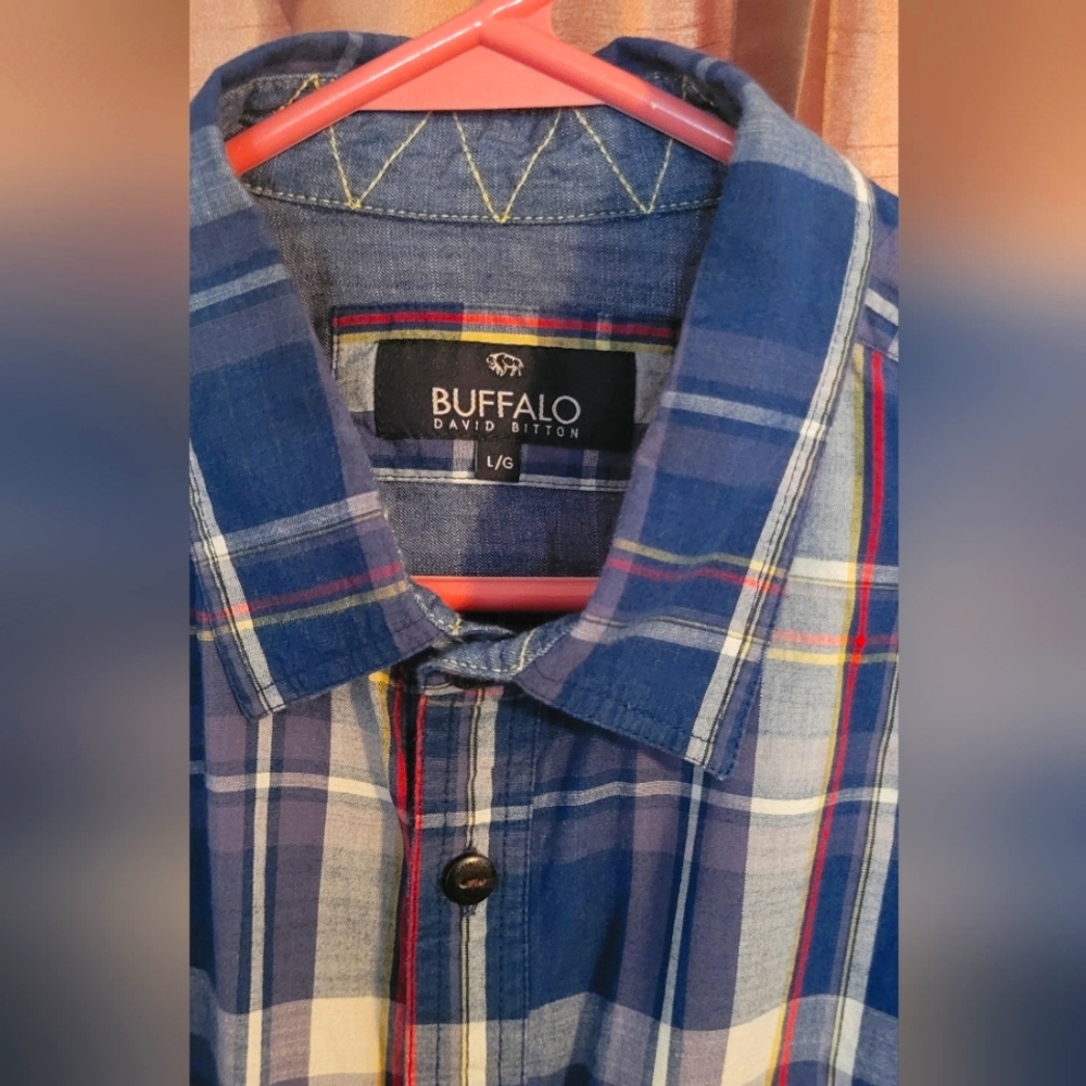 Buffalo David Bitton Dress Shirt mostly blue with white, red, and yellow accents